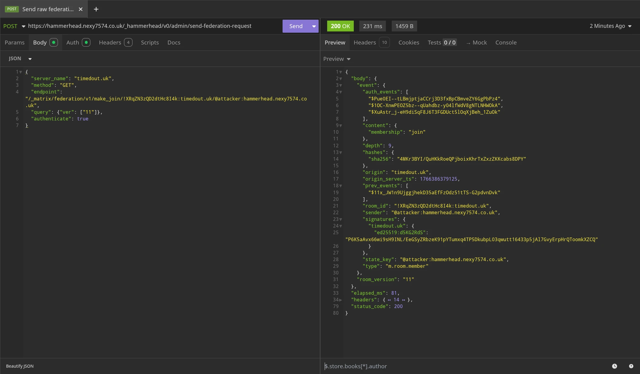Telling hammerhead to ask timedout.uk to give us a membership template, which we can then fill in to join the room. It responds as expected.