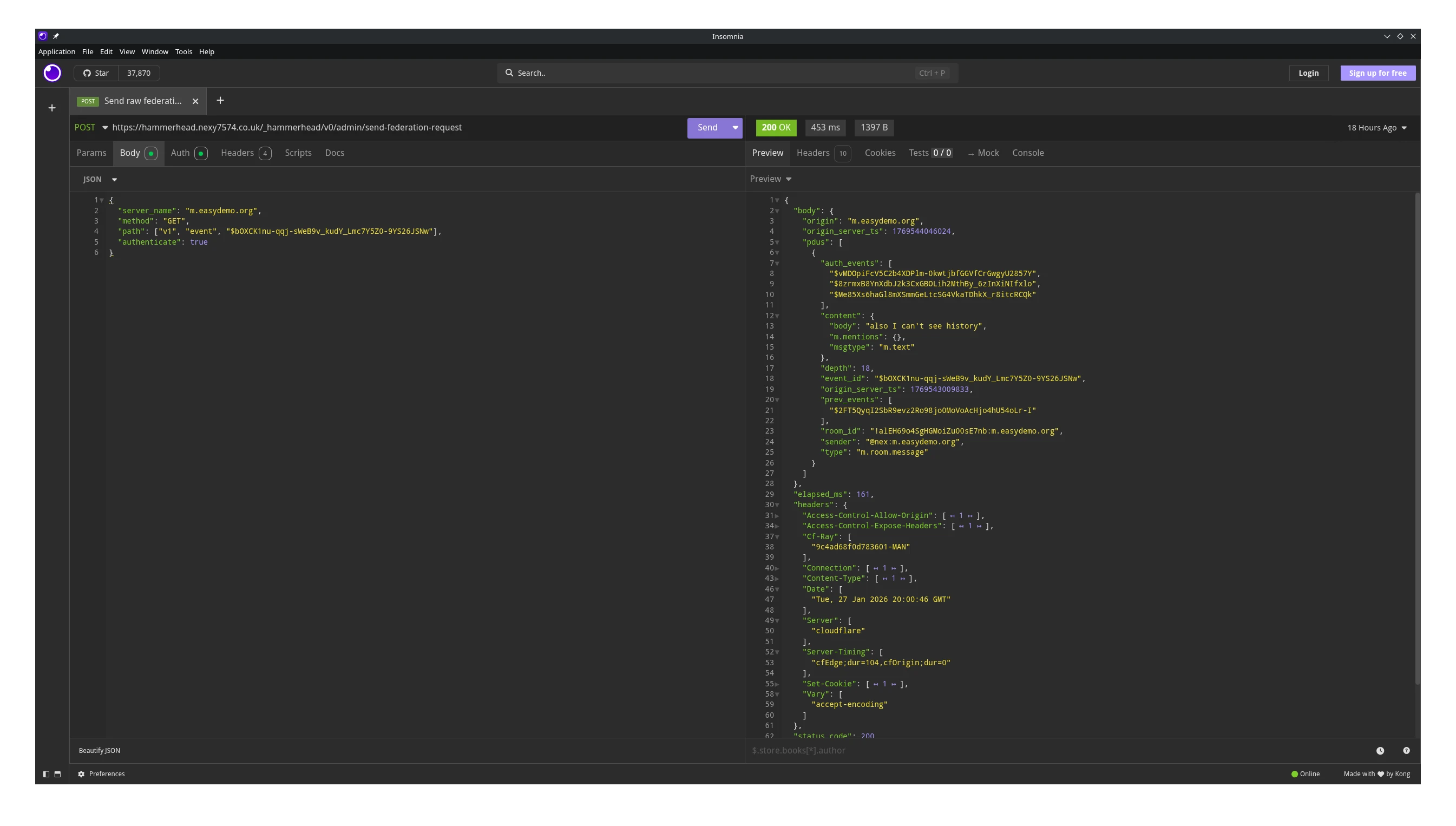 A screenshot showing a remote Matrix server fetching an event from a room with only the Cloudflare demo server members in it (which it should not be authorised to do)